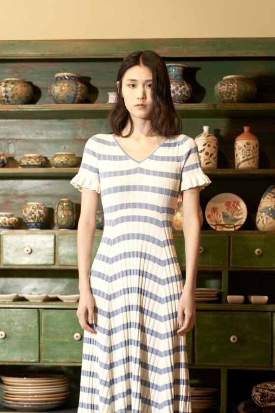Blue and White Striped Waist Knit Dress