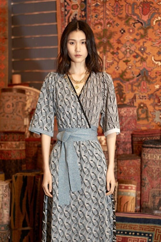 Geometric Colorblock Jacquard Wrap Dress