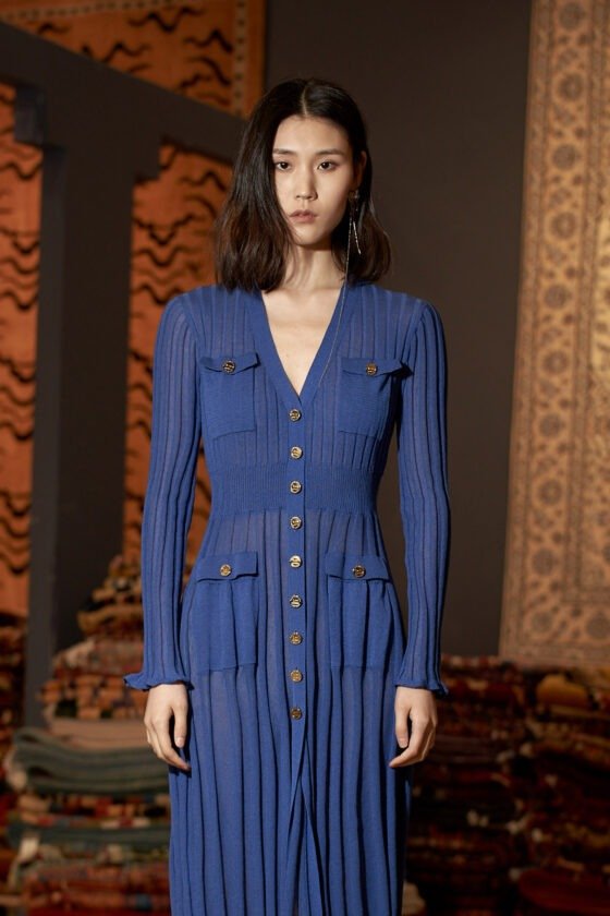 Deep Blue Ribbed Gold Button Cardigan Dress