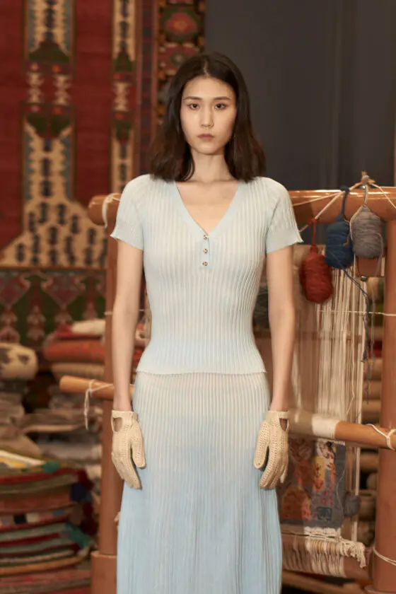 Light Blue Pleated Knit Top and Skirt Set