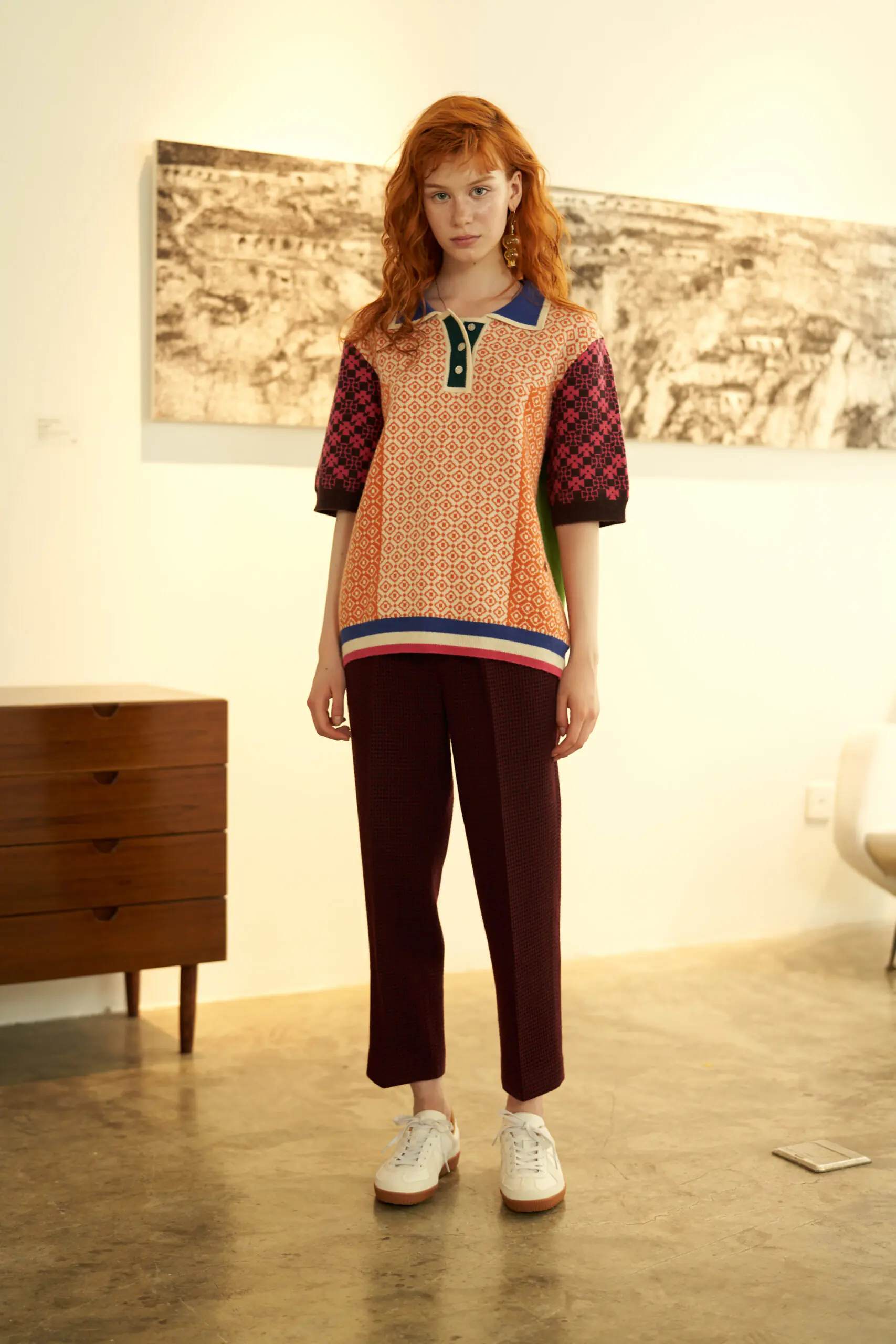 Orange Geometric Pattern Contrast Polo Sweater - 图片 3