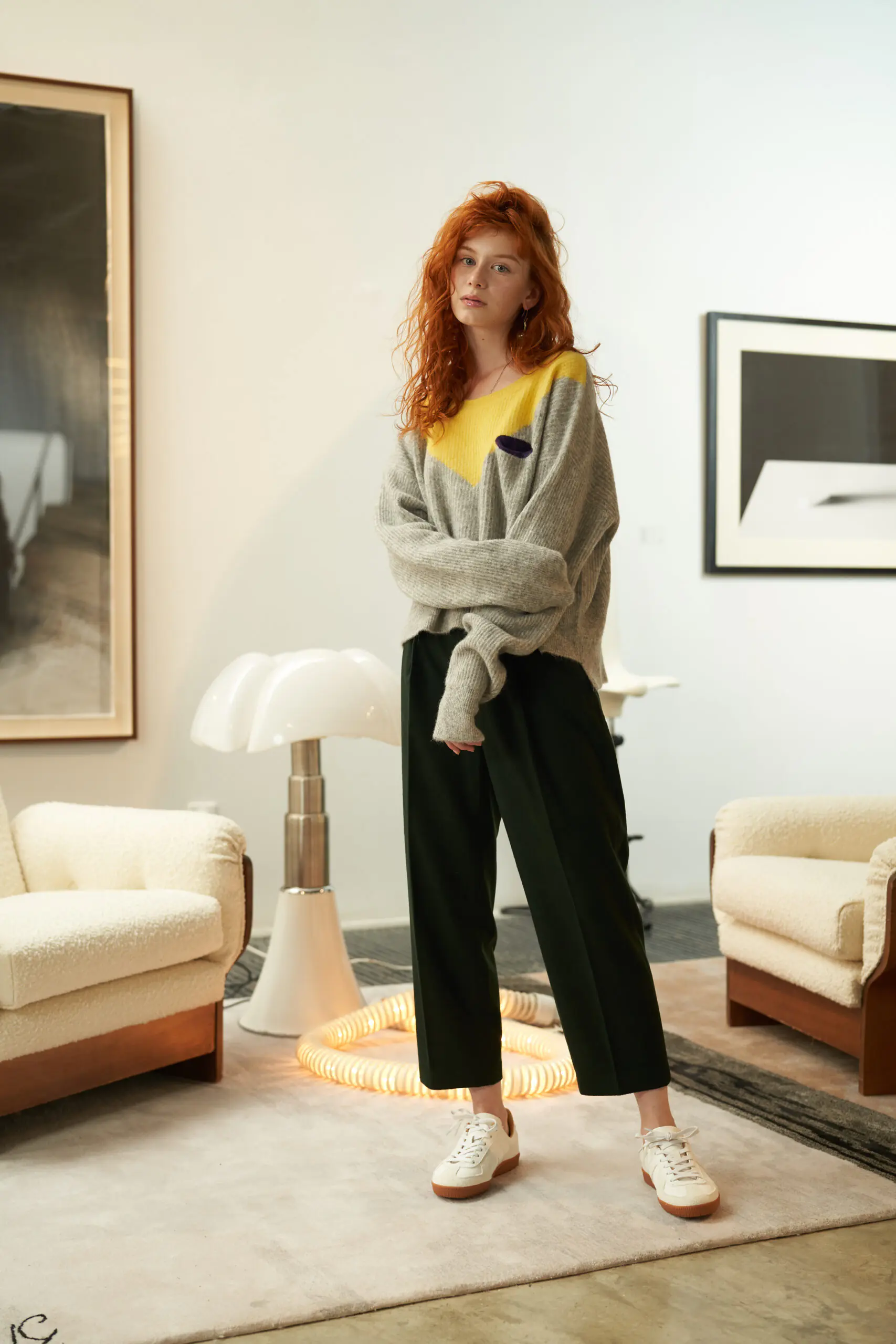 V-Neck Colorblock Mohair Knit Sweater - 图片 3
