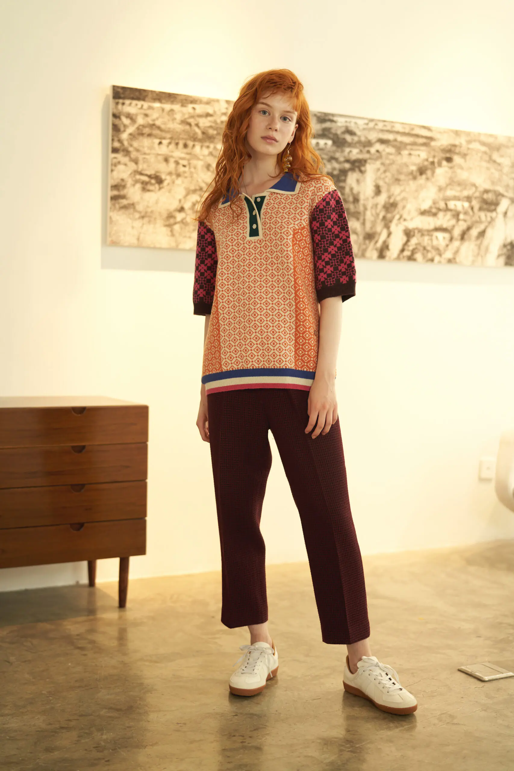 Orange Geometric Pattern Contrast Polo Sweater - 图片 4