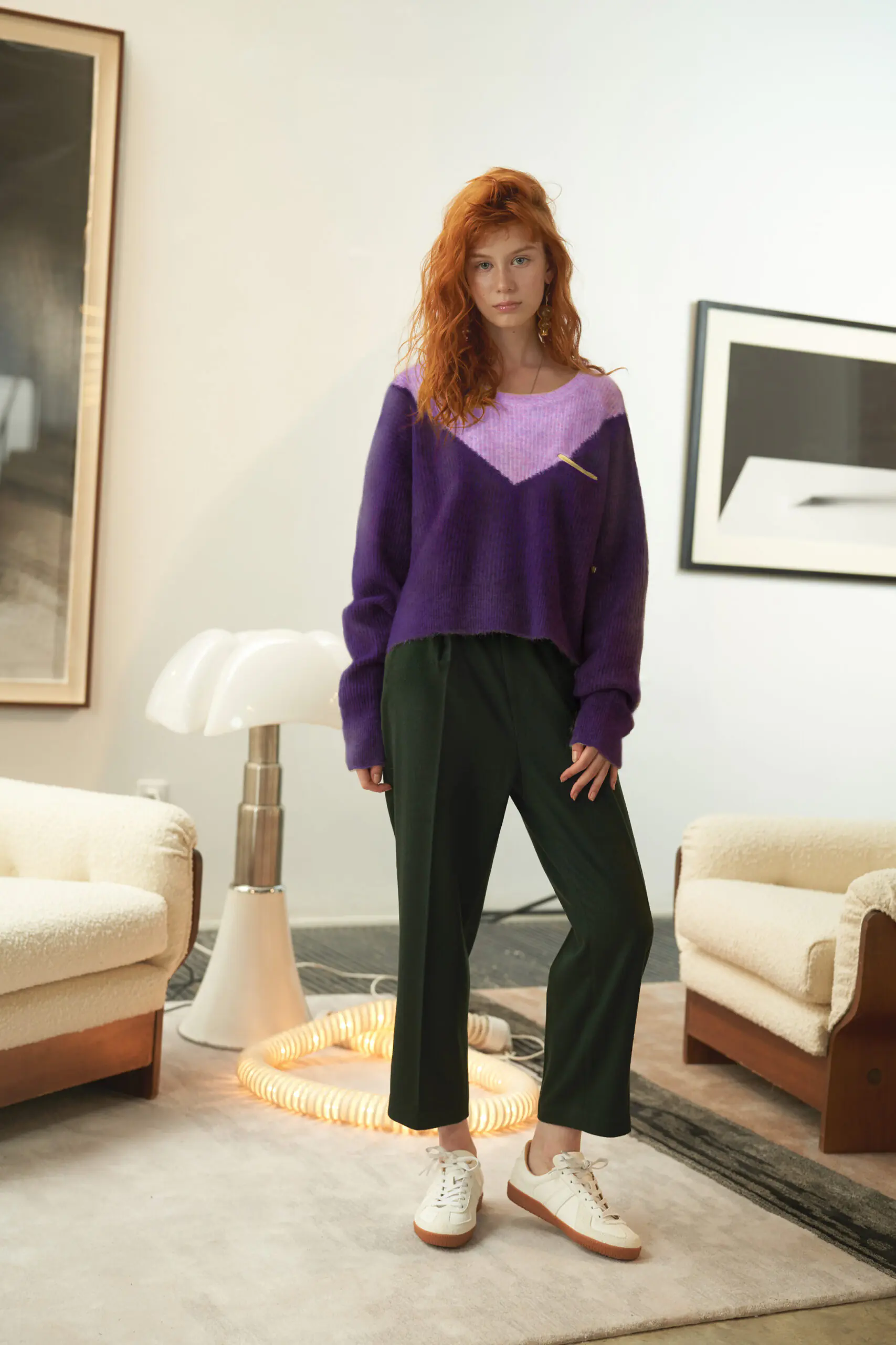 V-Neck Colorblock Mohair Knit Sweater - 图片 6