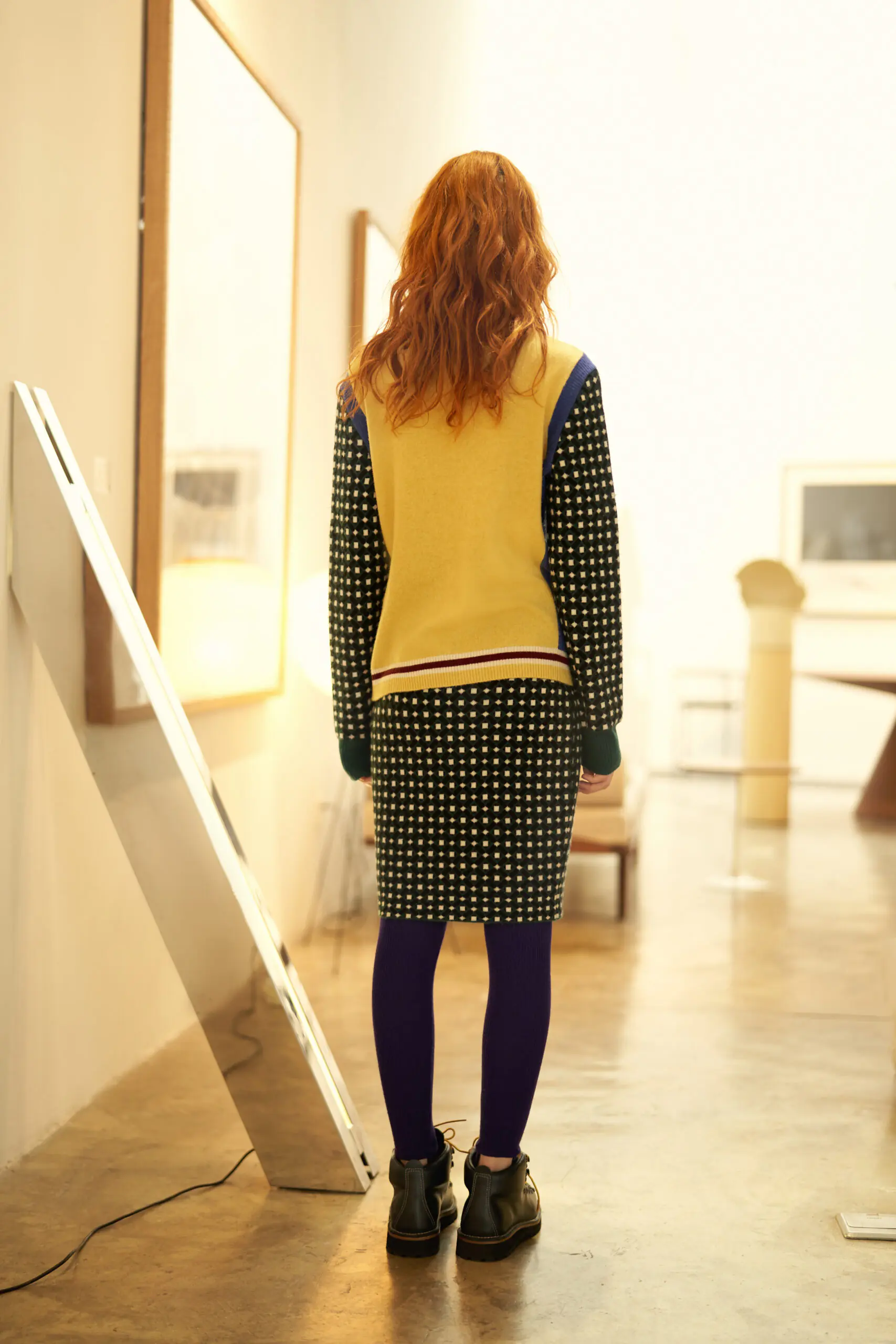 Green and Wine Red Geometric Jacquard Crewneck Wool Top - 图片 4