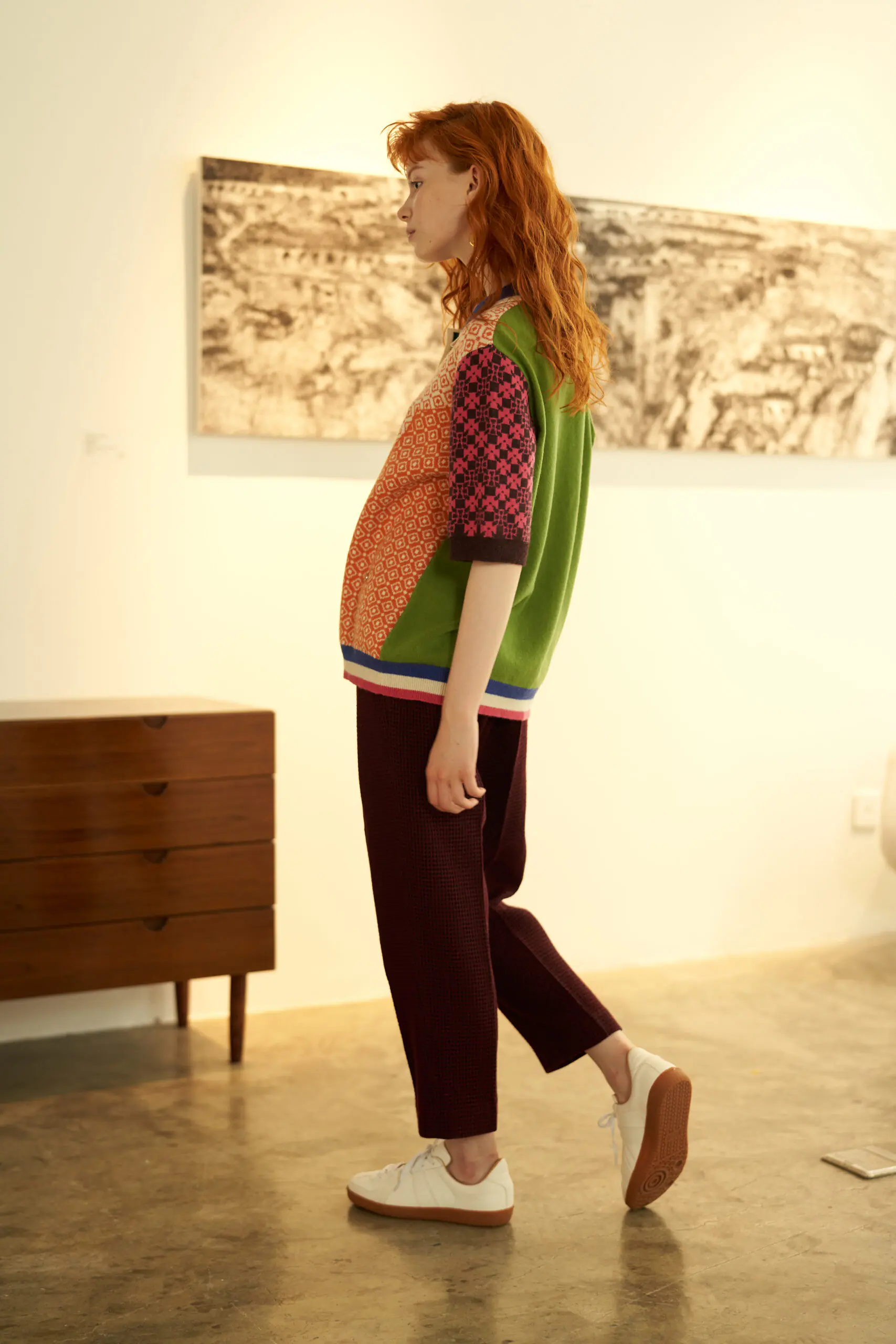 Orange Geometric Pattern Contrast Polo Sweater - 图片 5