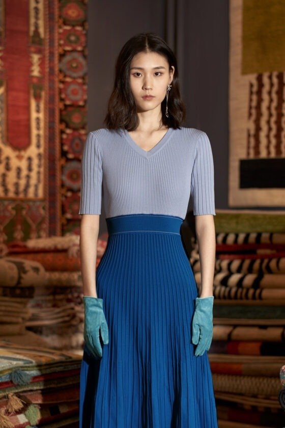 V-Neck Ribbed A-Line Knit Dress