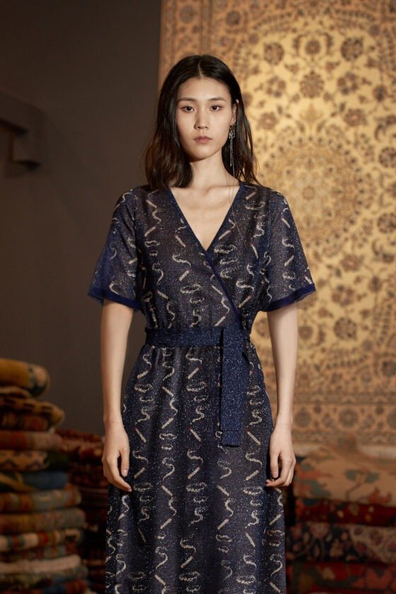 Deep Blue Smoke Jacquard Wrap Dress