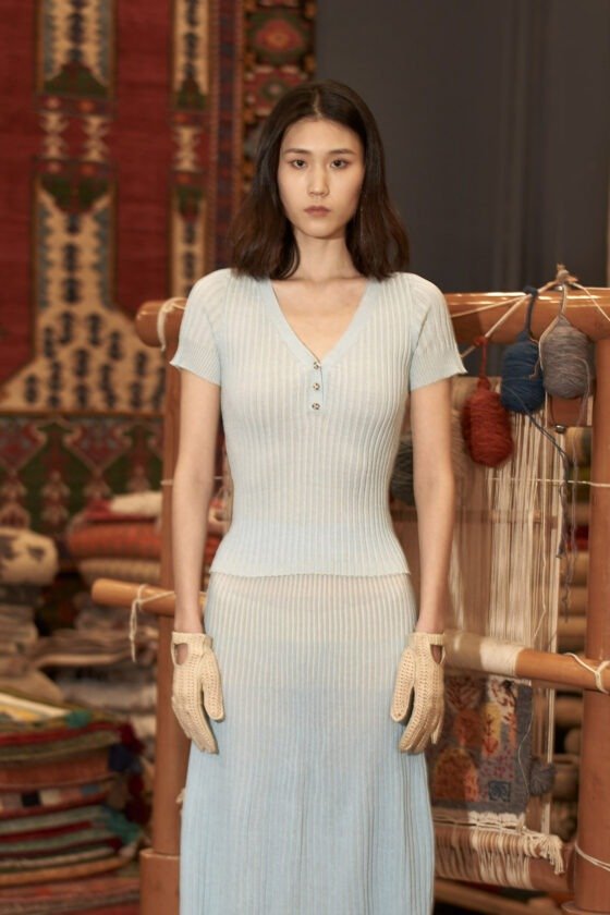 Light Blue Pleated Knit Top and Skirt Set