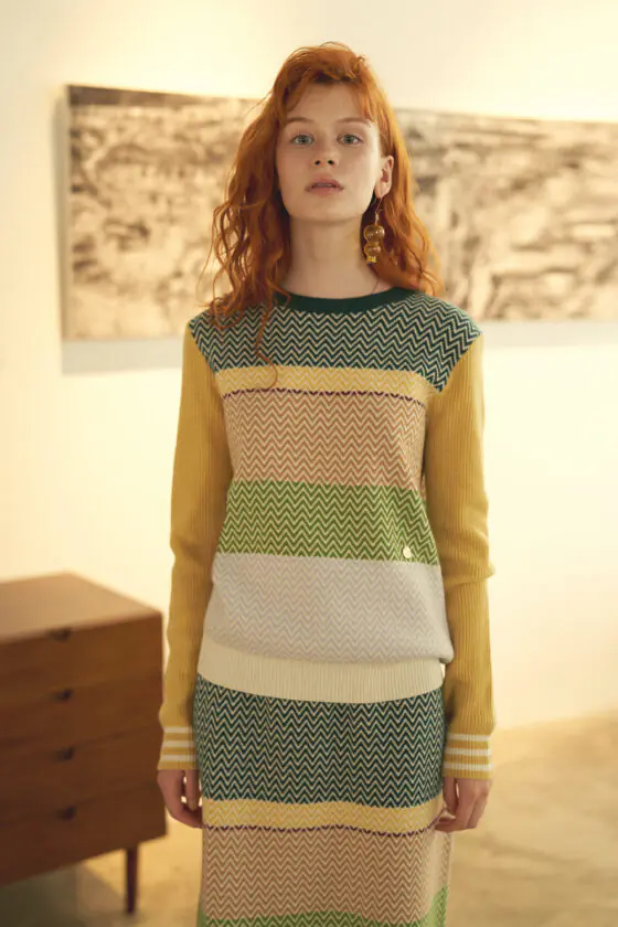 Lemon Yellow and Green Geometric Jacquard Wool Sweater