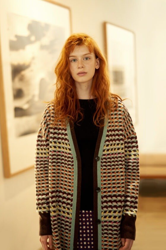 Dark Green Geometric Jacquard Wool Coat and Cape Set