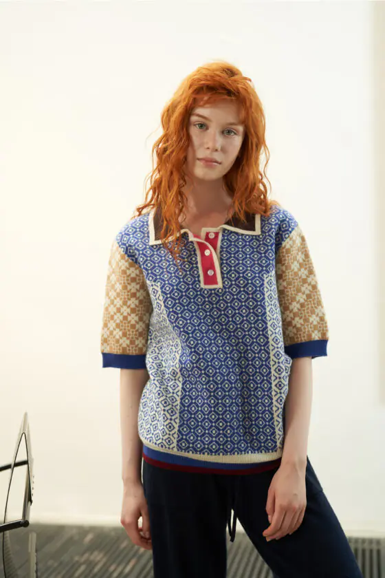 Blue Geometric Pattern Contrast Polo Sweater