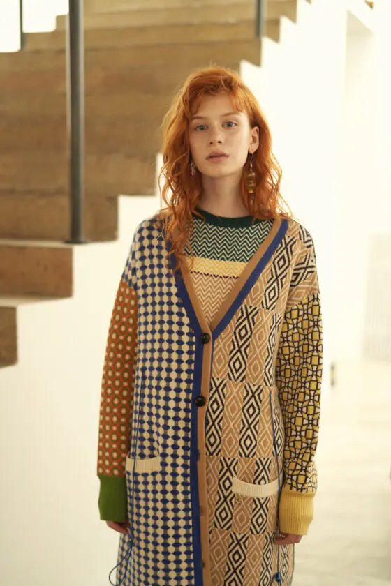 Geometric Contrast Jacquard Knit Coat