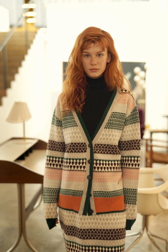 Grey Geometric Jacquard Wool Cardigan and Skirt Set
