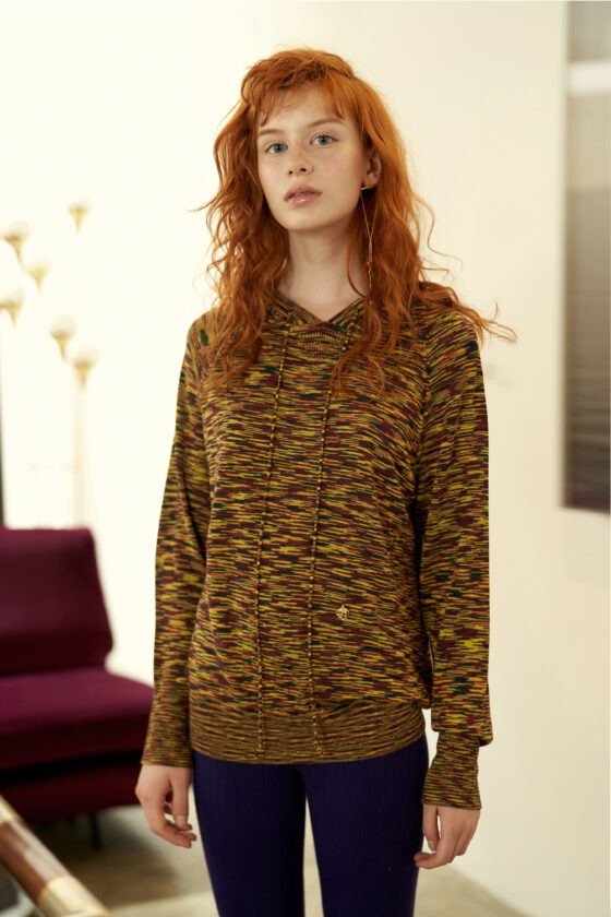 Mélange Yarn Hooded Knit Top
