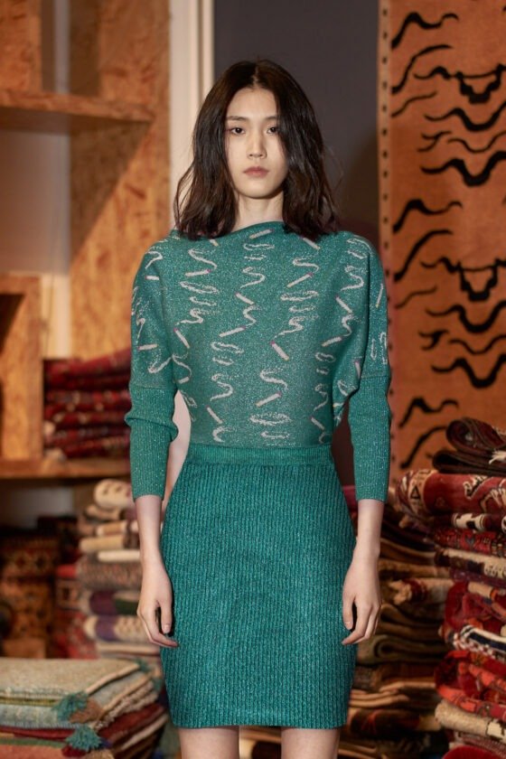 Green Smoke Leg-of-Mutton Sleeve Bodycon Knit Dress
