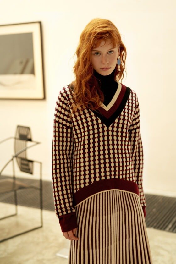 Wine Red Geometric Jacquard Wool Top and Striped Skirt Set