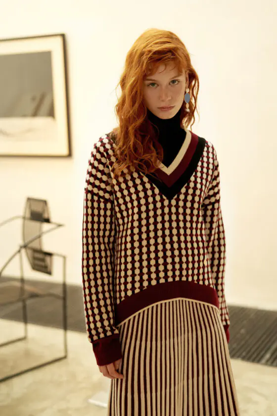Wine Red Geometric Jacquard Wool Top and Striped Skirt Set