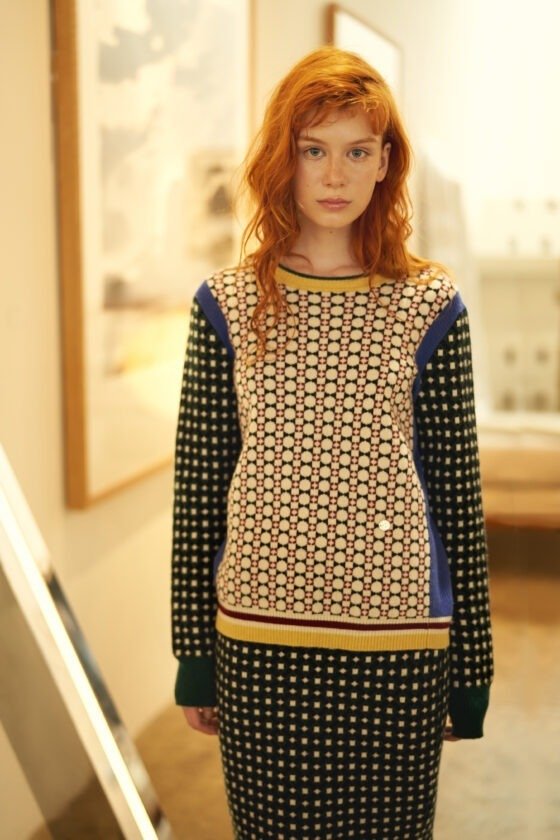 Green and Wine Red Geometric Jacquard Crewneck Wool Top