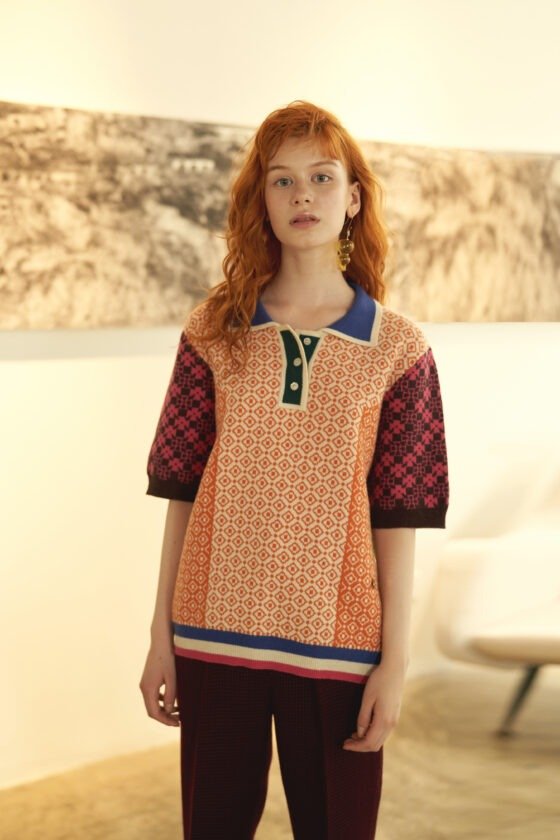 Orange Geometric Pattern Contrast Polo Sweater
