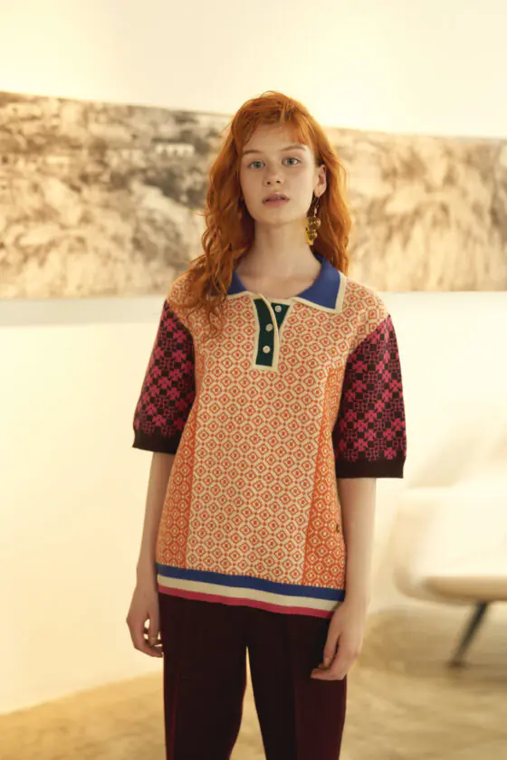 Orange Geometric Pattern Contrast Polo Sweater