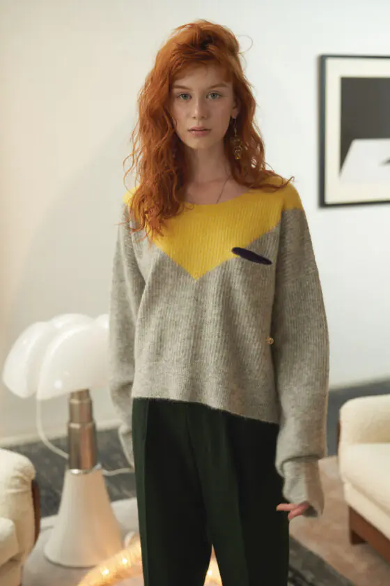 V-Neck Colorblock Mohair Knit Sweater