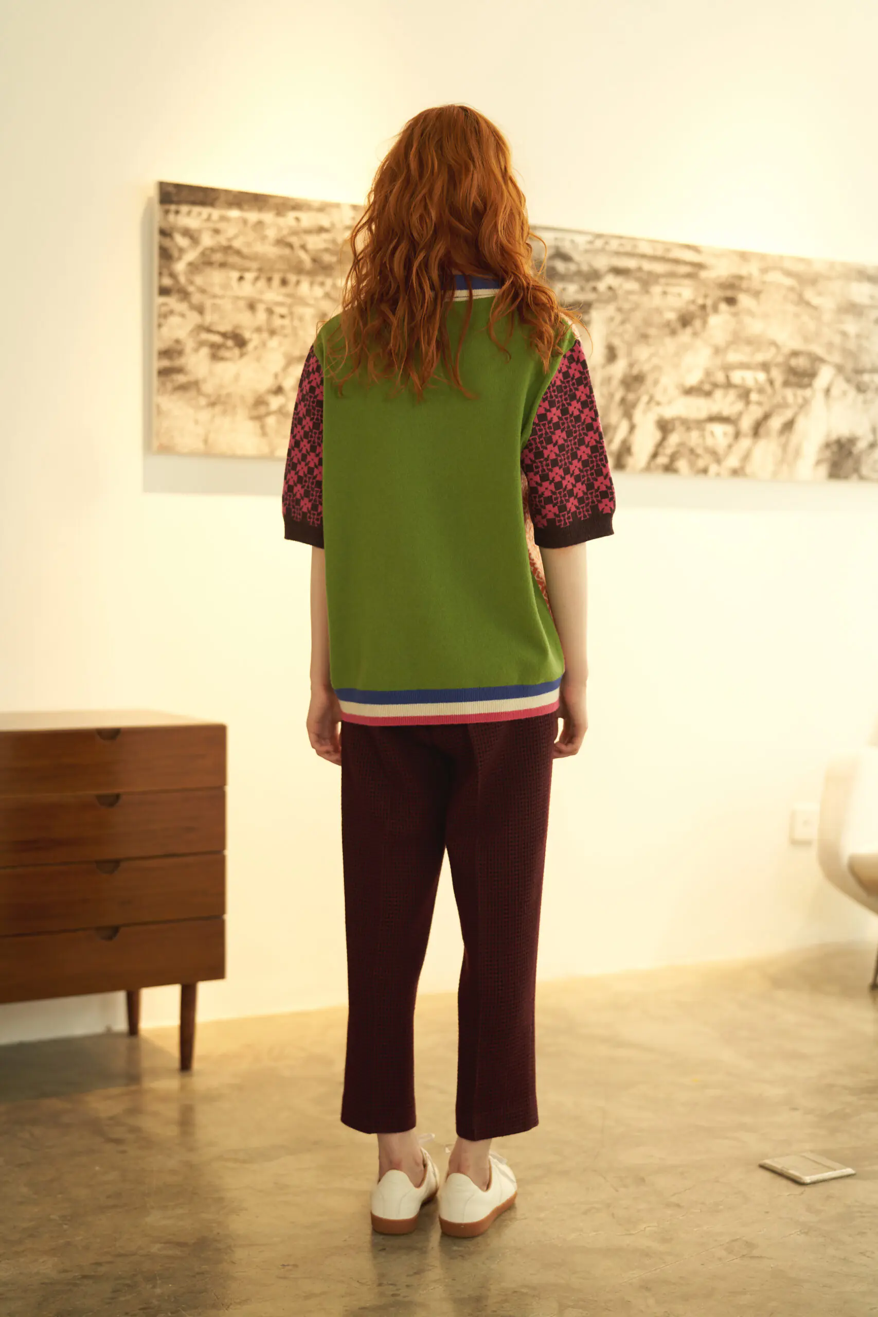 Orange Geometric Pattern Contrast Polo Sweater - 图片 6