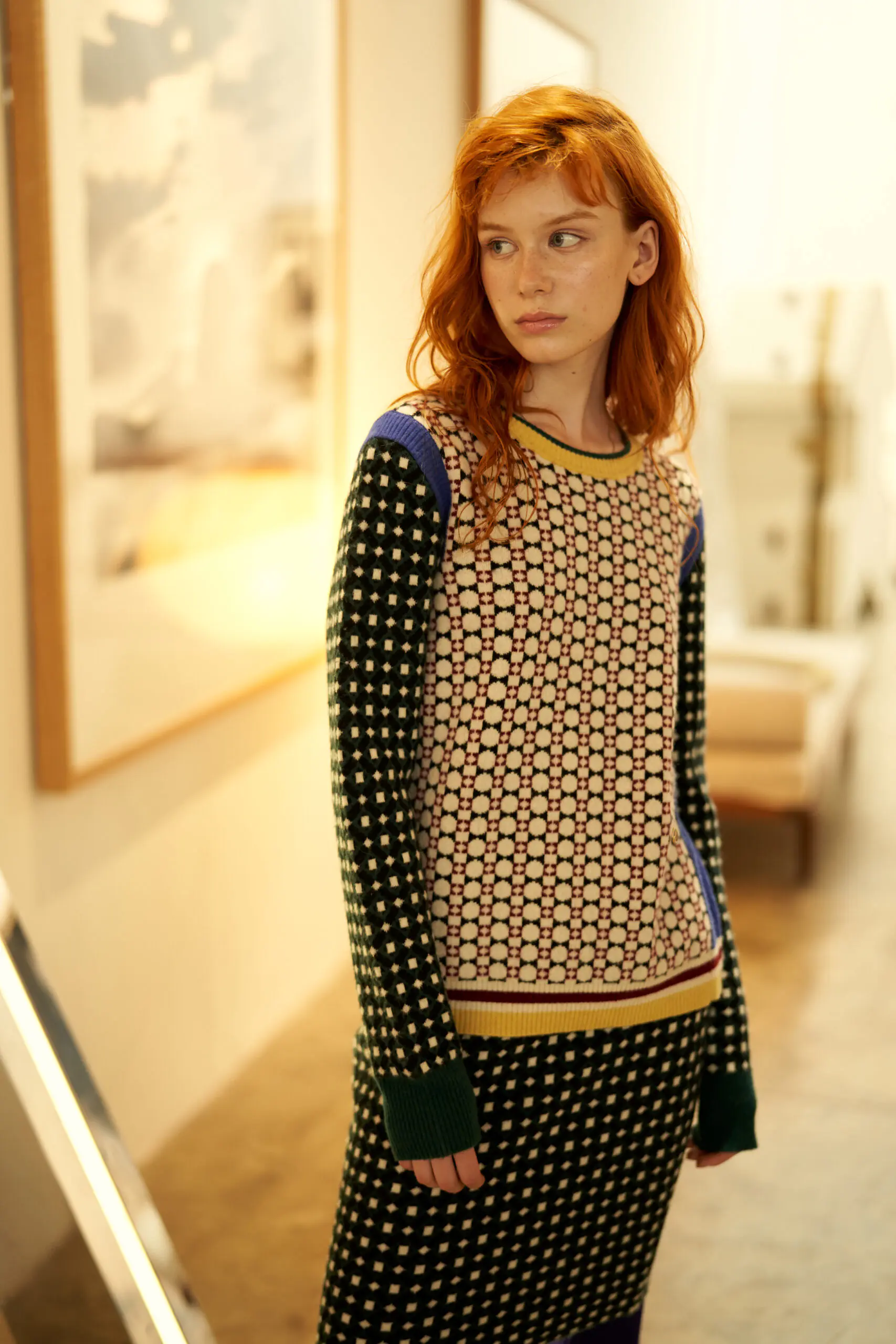 Green and Wine Red Geometric Jacquard Crewneck Wool Top - 图片 5