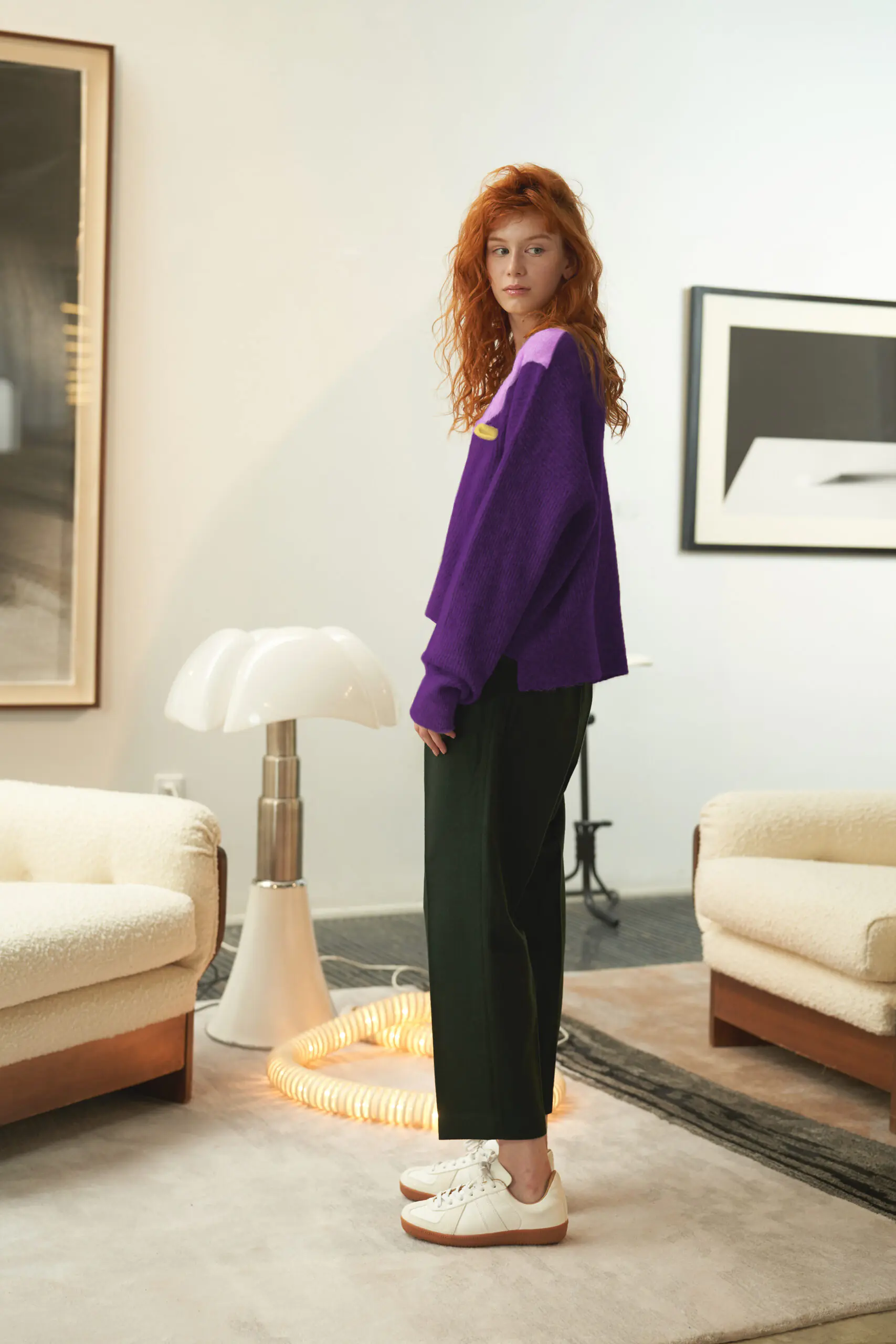 V-Neck Colorblock Mohair Knit Sweater - 图片 7