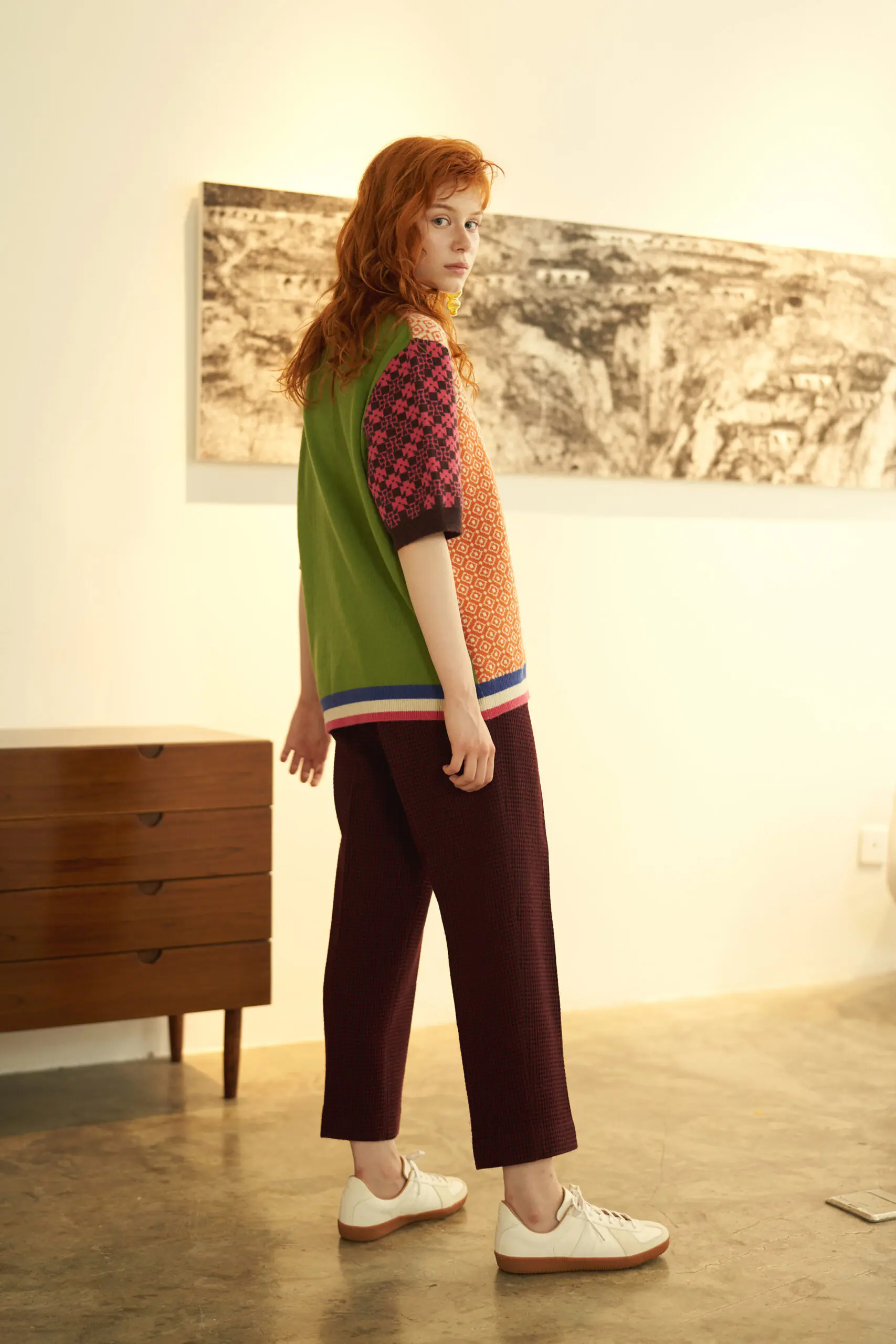 Orange Geometric Pattern Contrast Polo Sweater - 图片 7