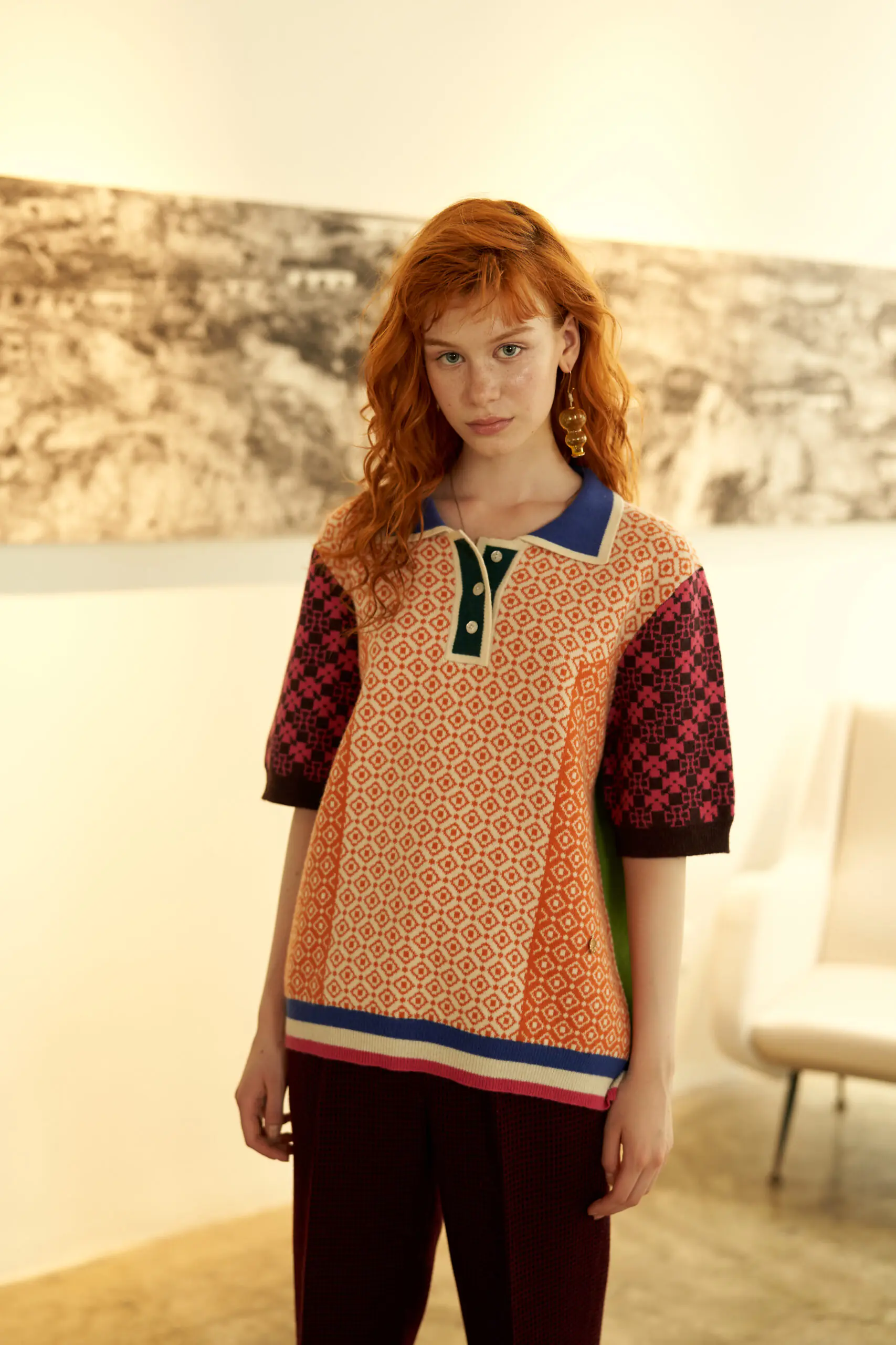 Orange Geometric Pattern Contrast Polo Sweater - 图片 8