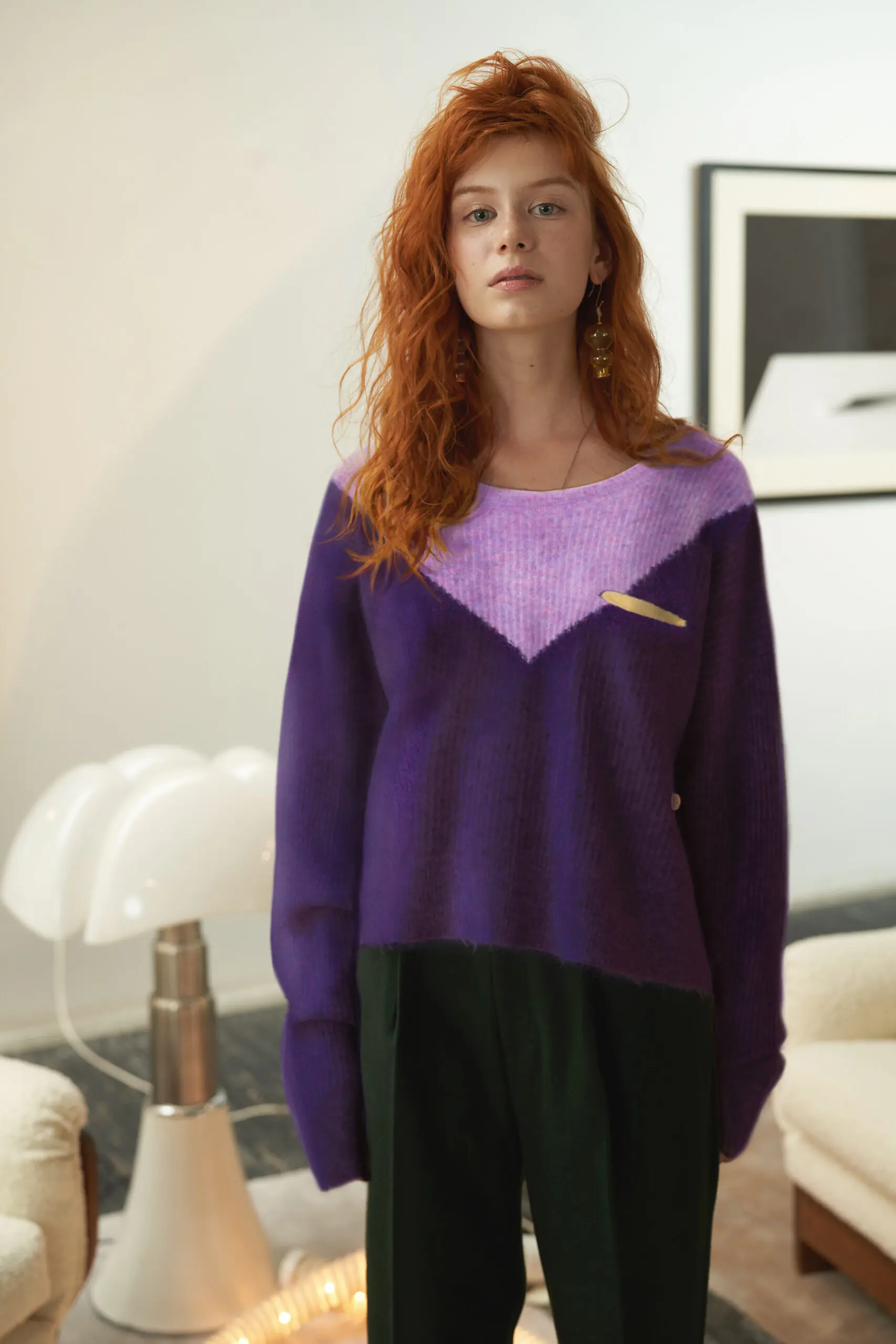 V-Neck Colorblock Mohair Knit Sweater - 图片 9