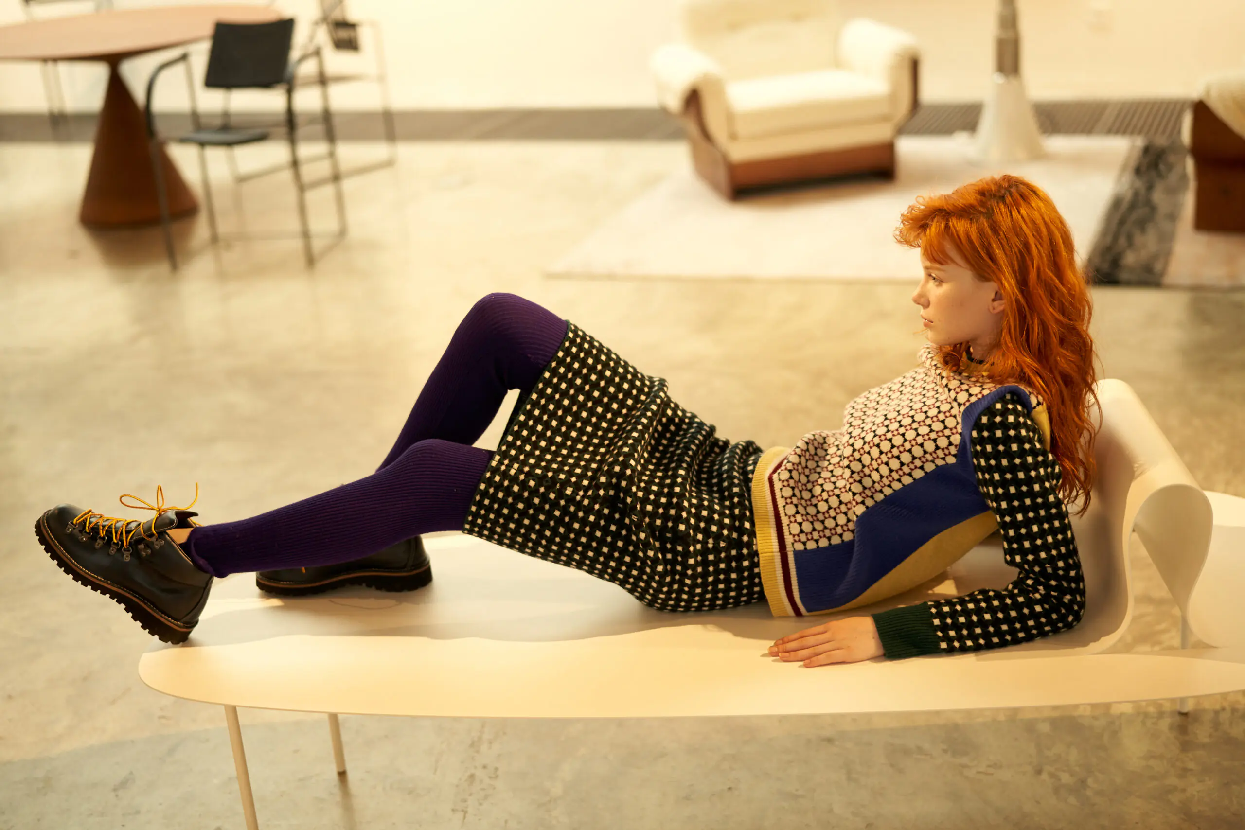 Green and Wine Red Geometric Jacquard Crewneck Wool Top - 图片 7