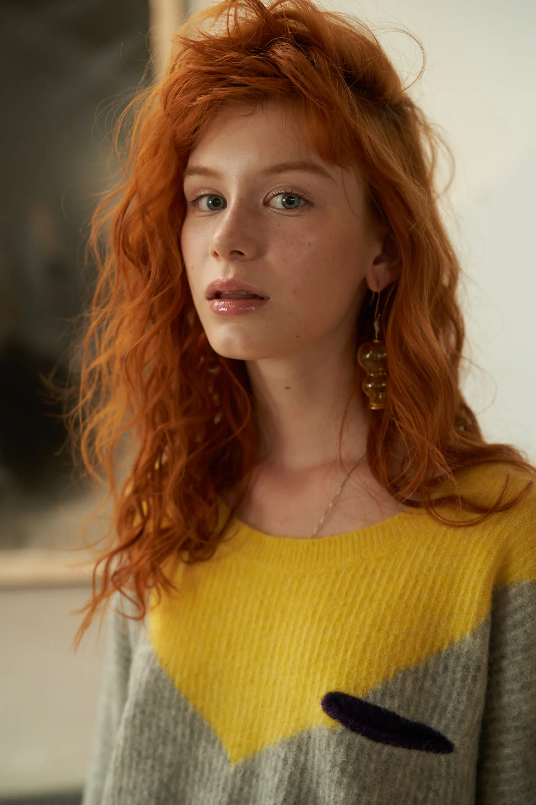 V-Neck Colorblock Mohair Knit Sweater - 图片 16