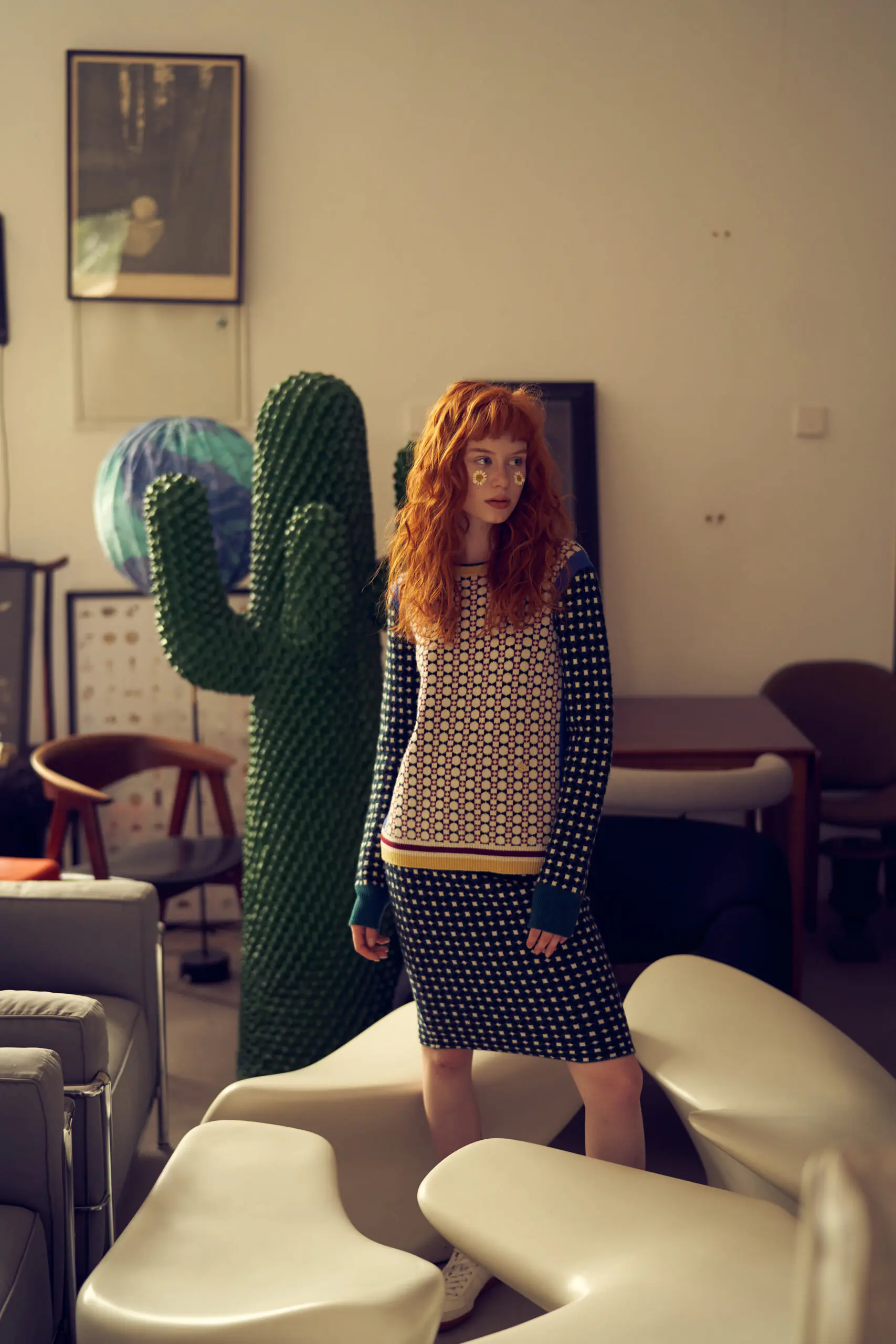 Green and Wine Red Geometric Jacquard Crewneck Wool Top - 图片 8