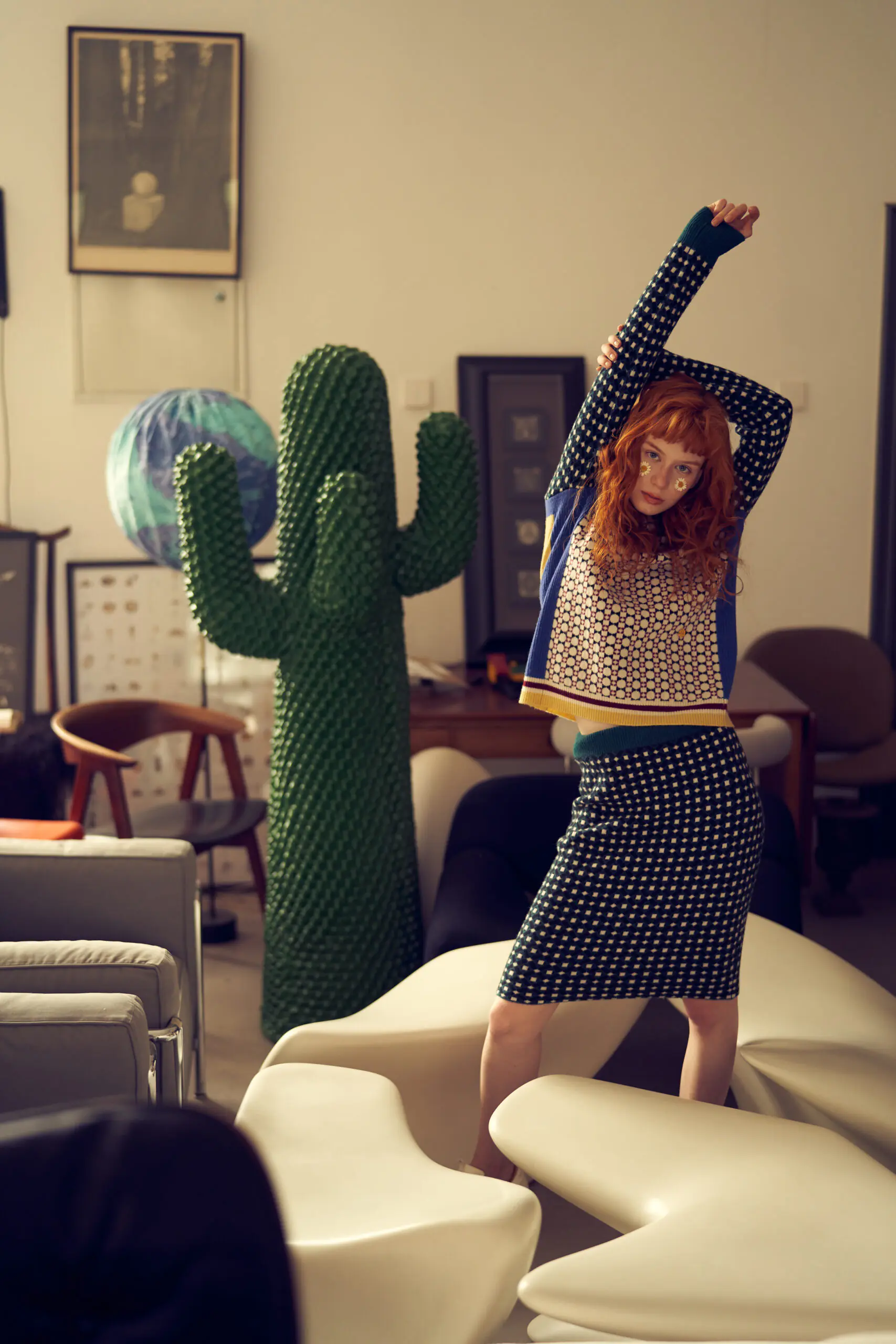 Green and Wine Red Geometric Jacquard Crewneck Wool Top - 图片 9