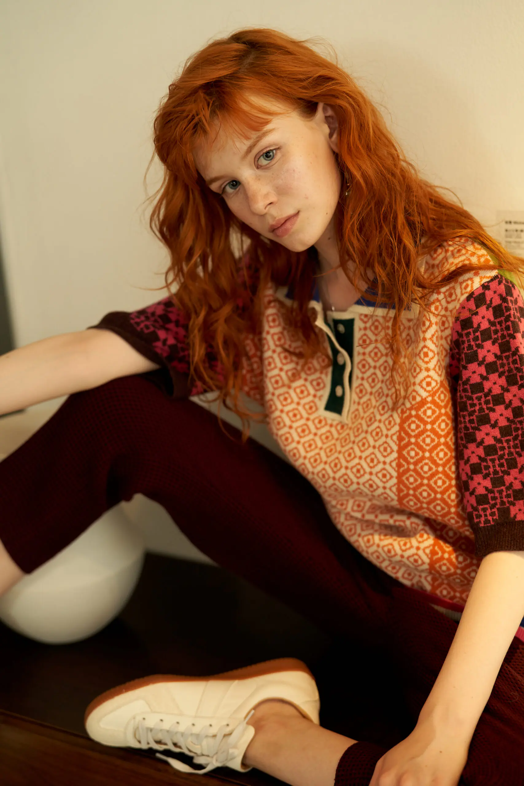 Orange Geometric Pattern Contrast Polo Sweater - 图片 13