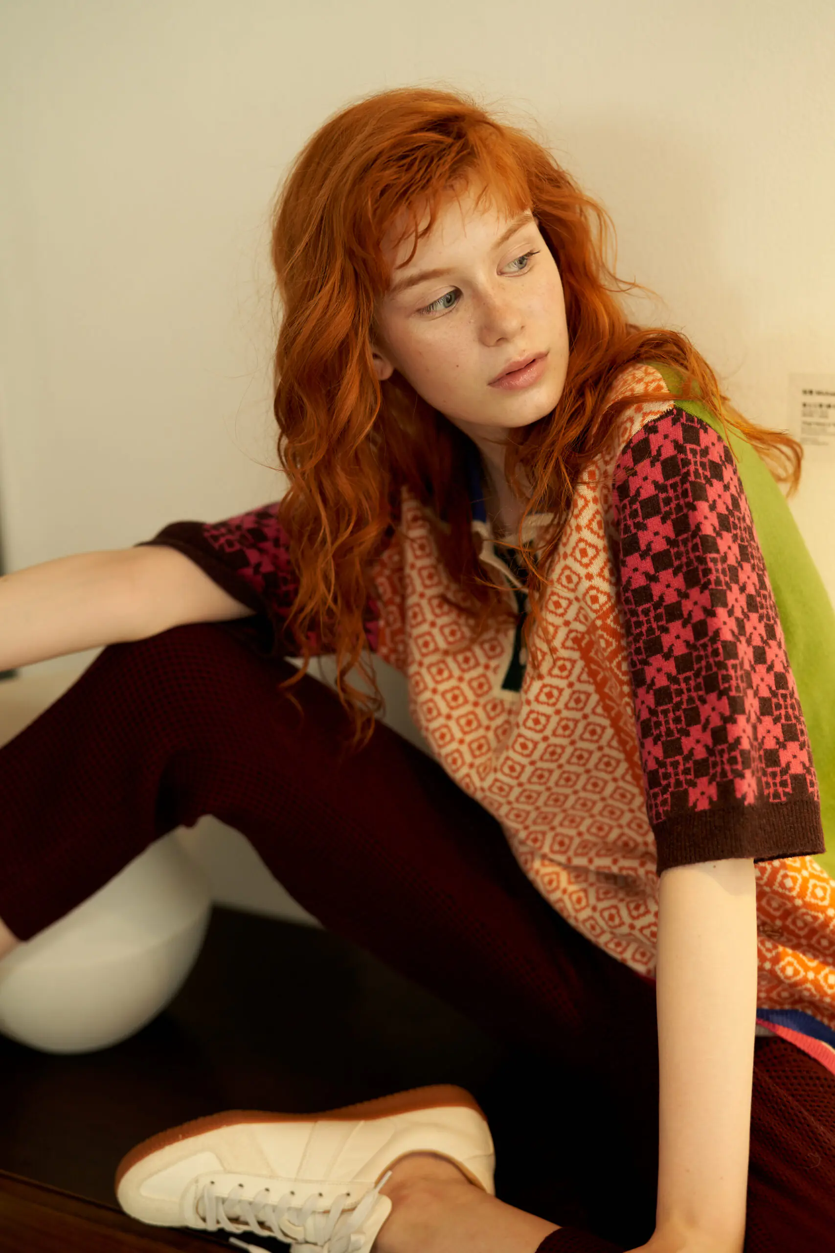 Orange Geometric Pattern Contrast Polo Sweater - 图片 14