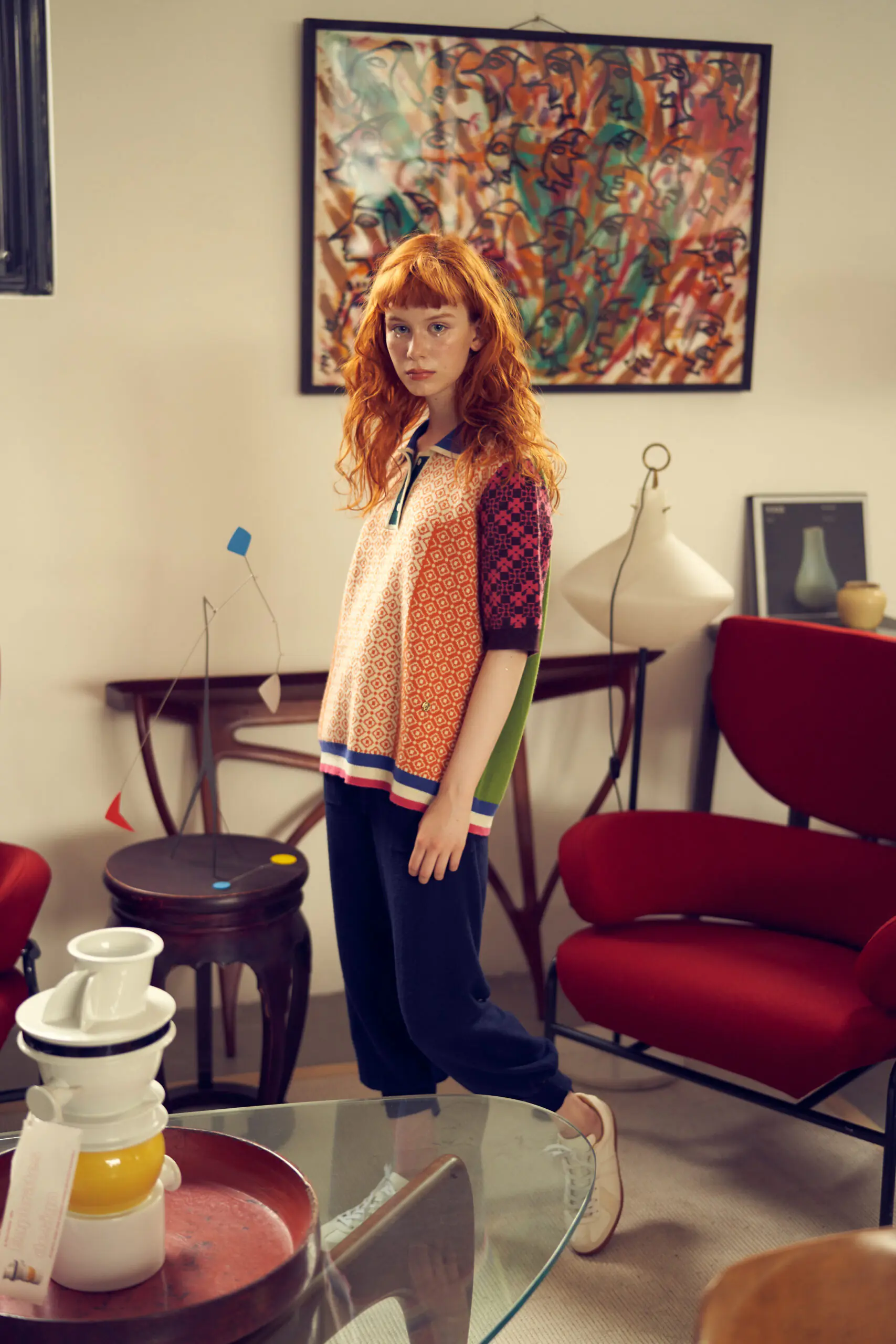 Orange Geometric Pattern Contrast Polo Sweater - 图片 16