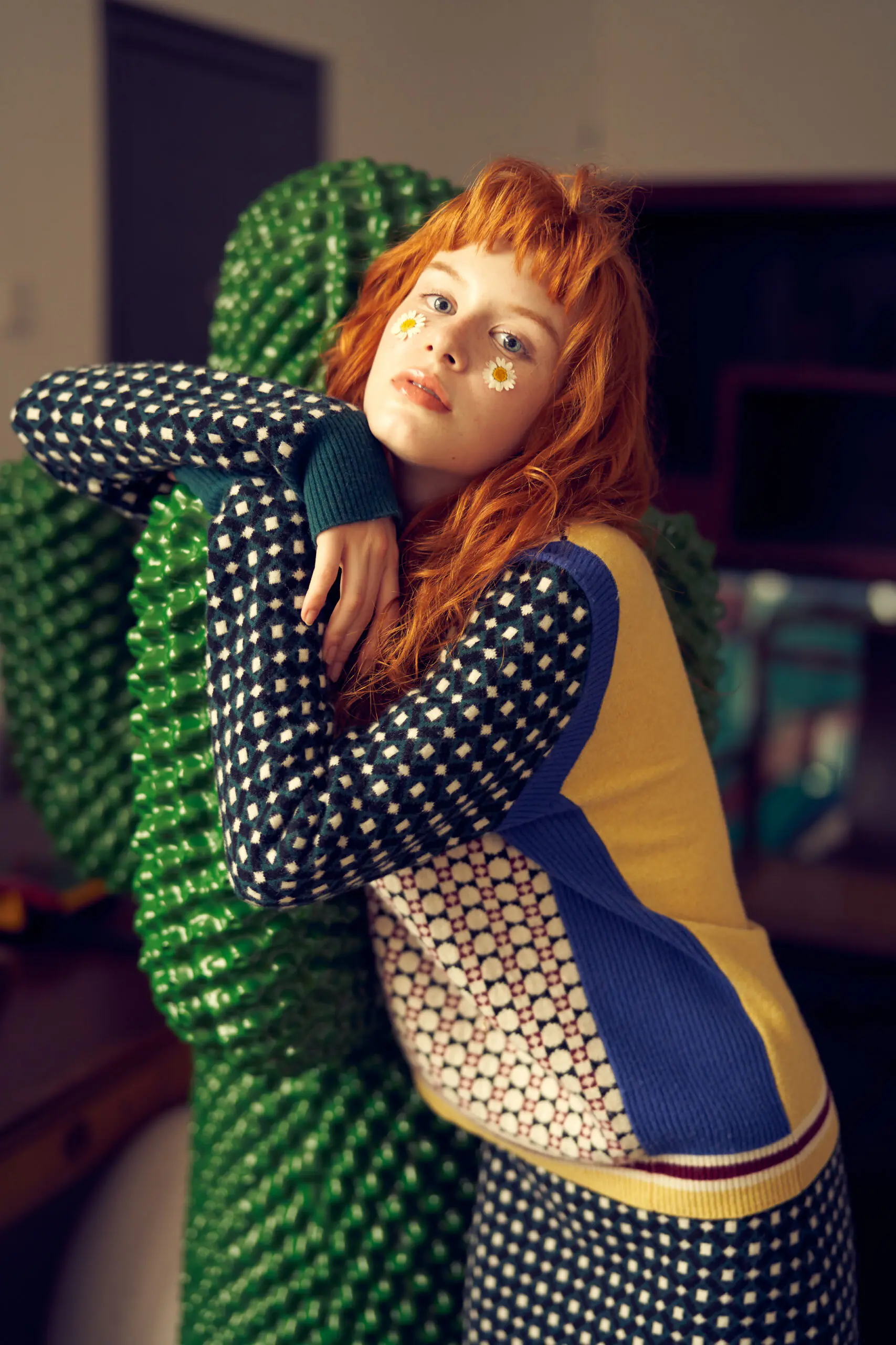 Green and Wine Red Geometric Jacquard Crewneck Wool Top - 图片 12