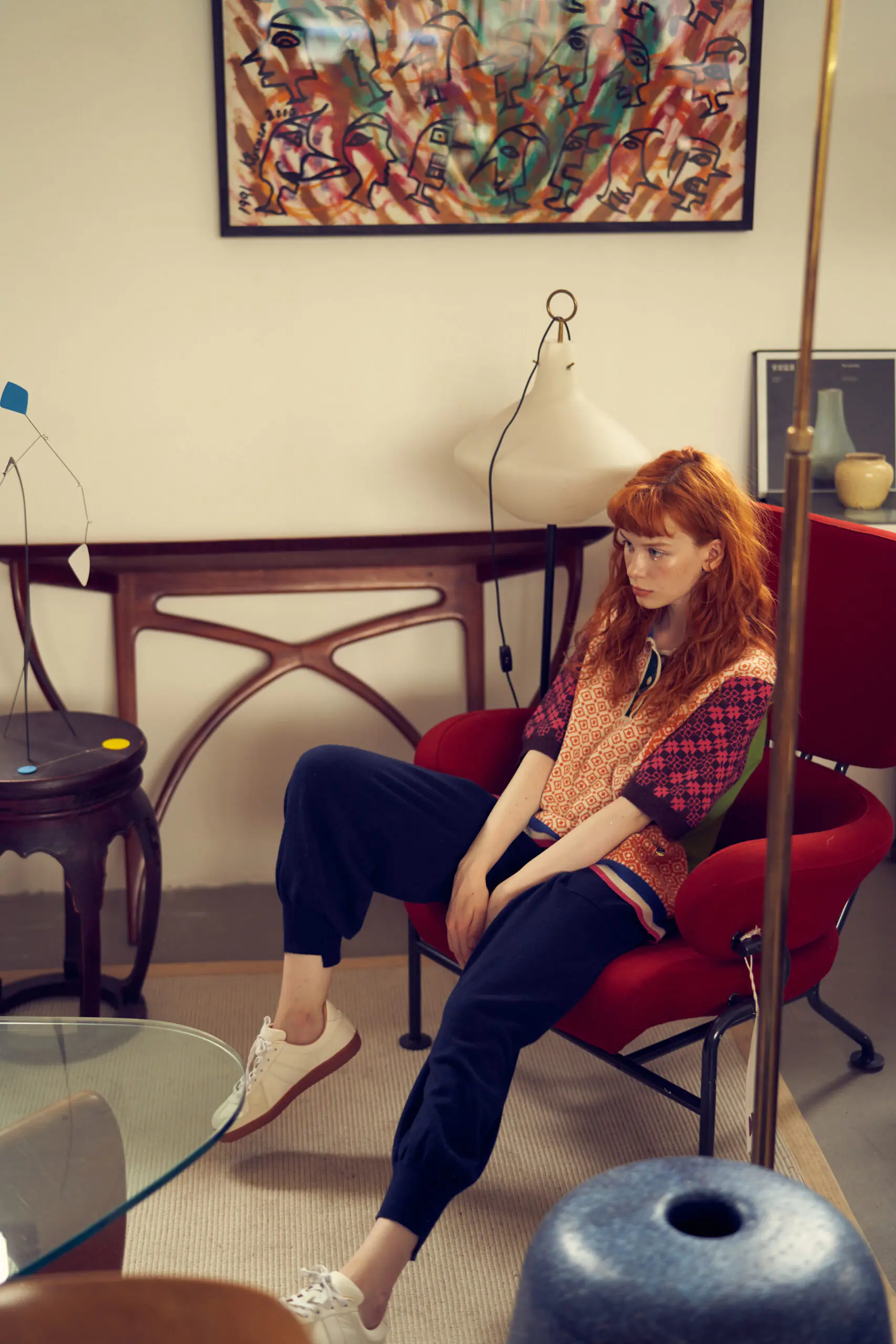 Orange Geometric Pattern Contrast Polo Sweater - 图片 18