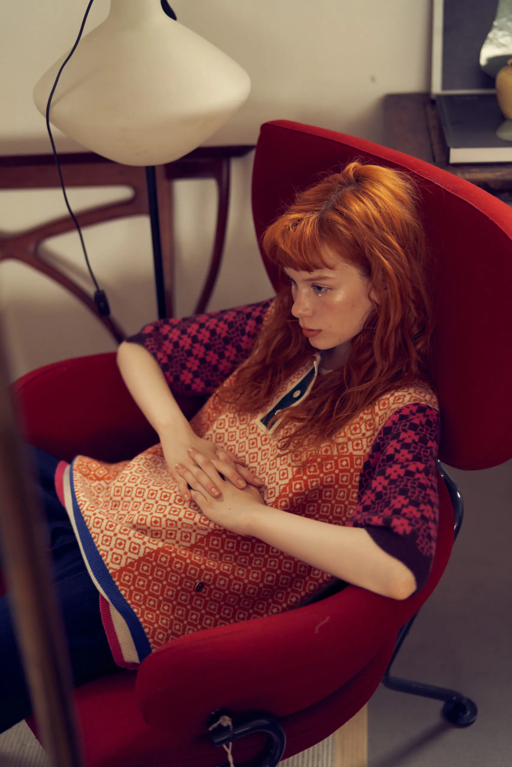 Orange Geometric Pattern Contrast Polo Sweater - 图片 20