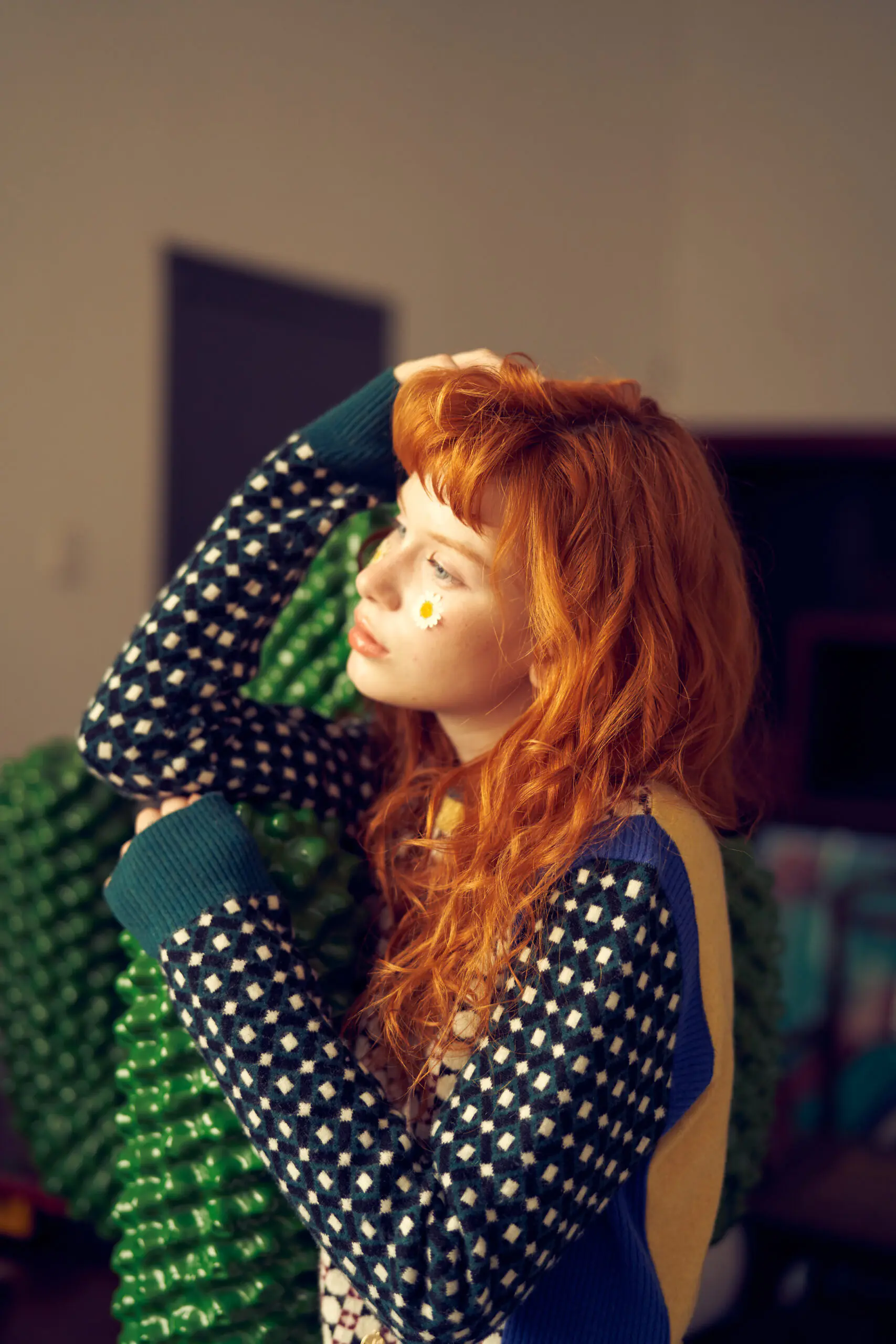 Green and Wine Red Geometric Jacquard Crewneck Wool Top - 图片 13