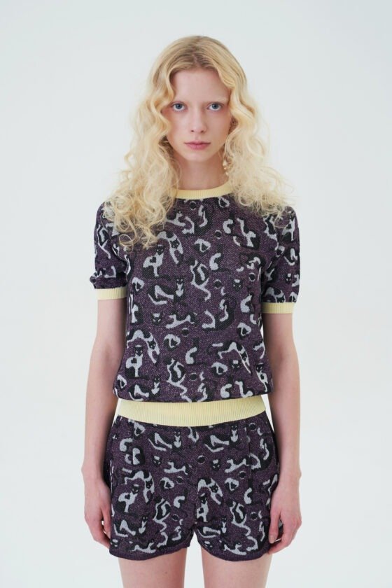 Pink-Purple Cat Jacquard Knit Top and Shorts Set