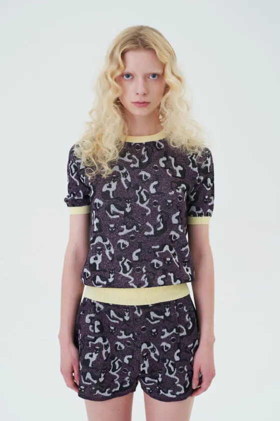 Pink-Purple Cat Jacquard Knit Top and Shorts Set