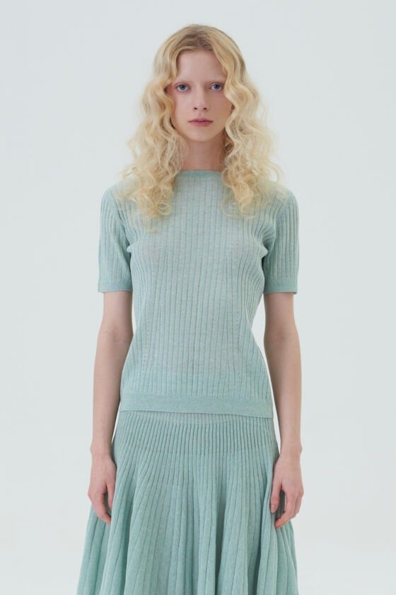 Light Green Slim Knit Top and Pleated Skirt Set