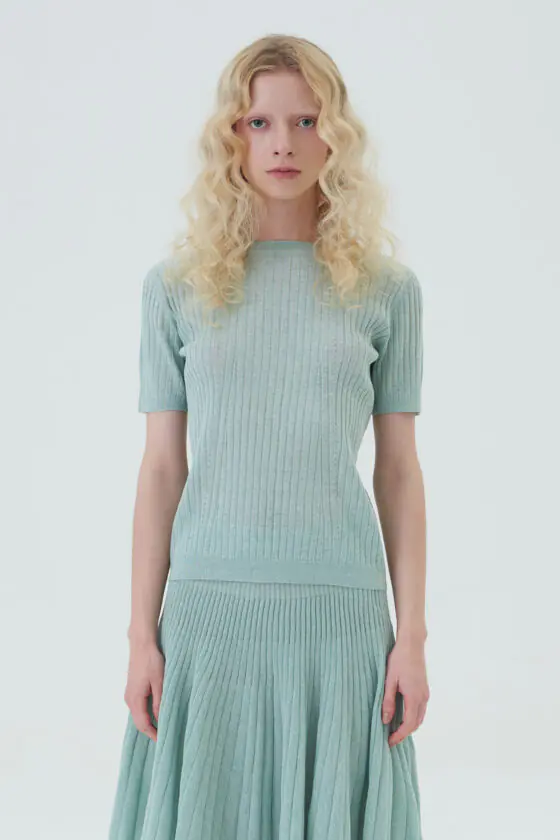 Light Green Slim Knit Top and Pleated Skirt Set