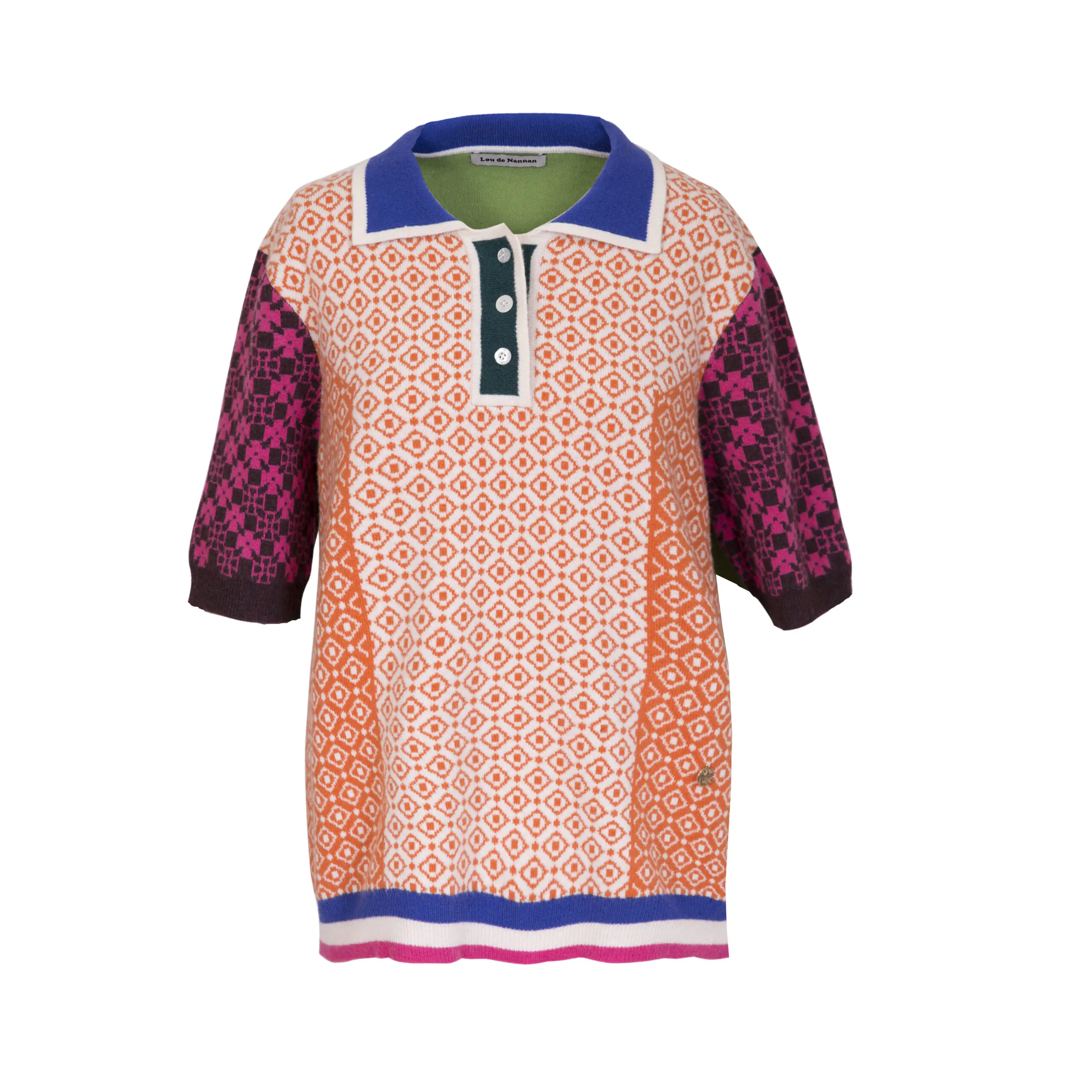 Orange Geometric Pattern Contrast Polo Sweater - 图片 22