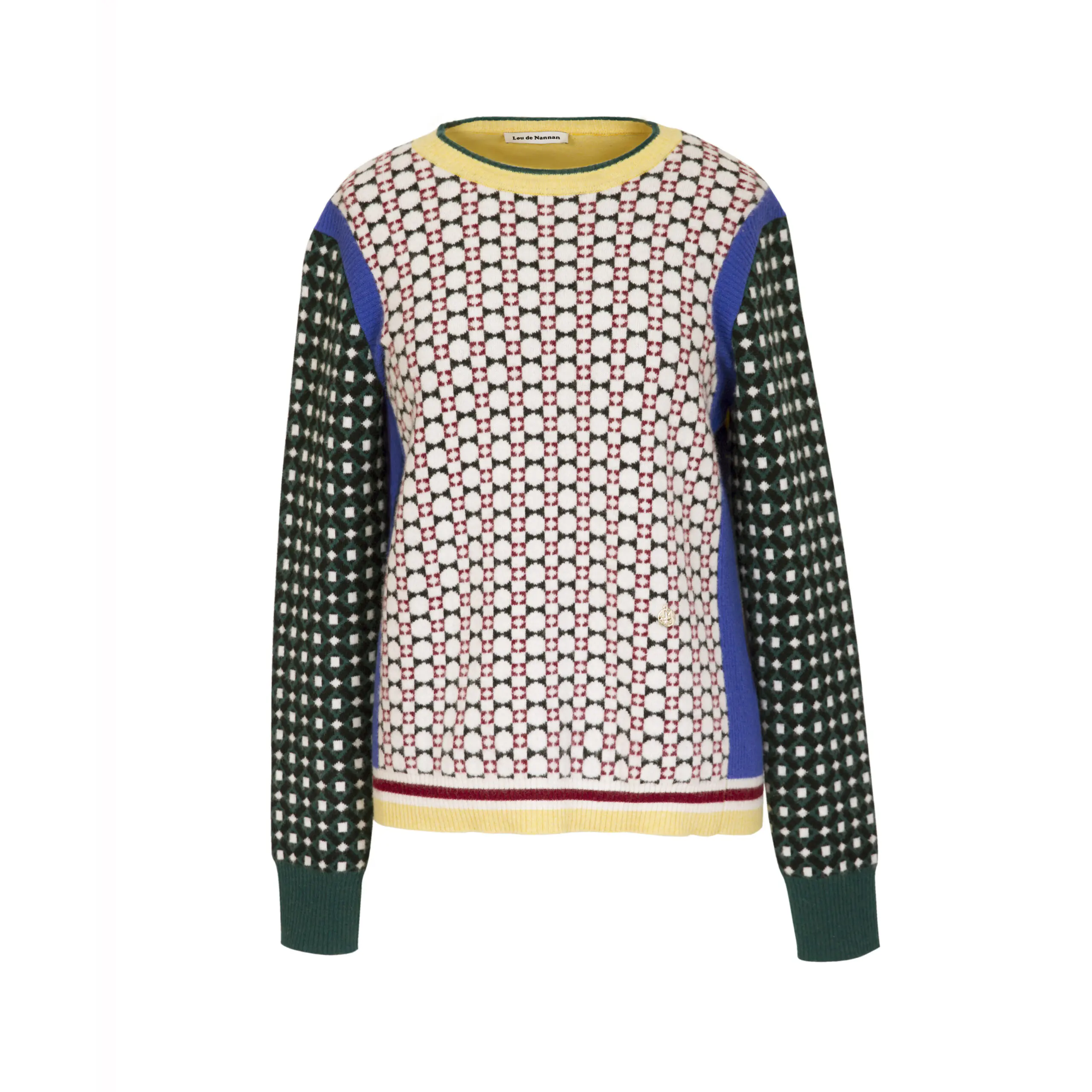 Green and Wine Red Geometric Jacquard Crewneck Wool Top - 图片 14